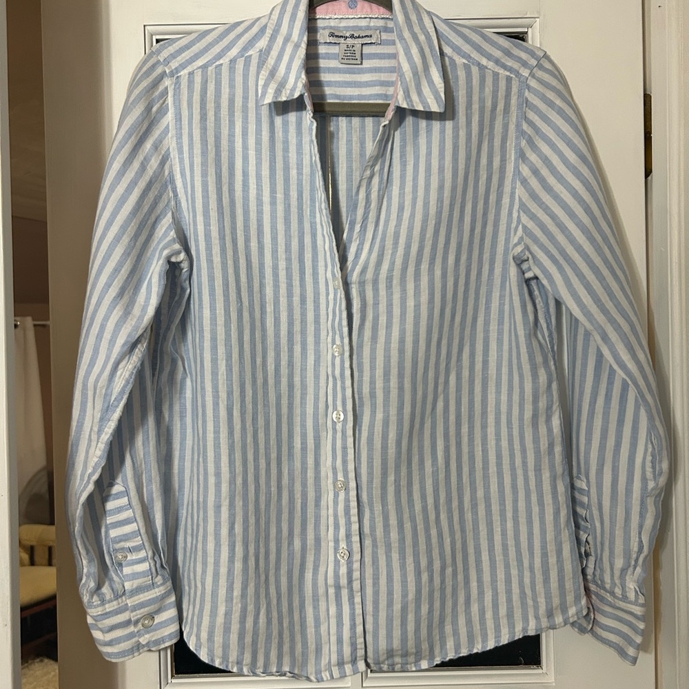 Tommy Bahama Blue & White Striped Button-Down Shirt – Women’s Small